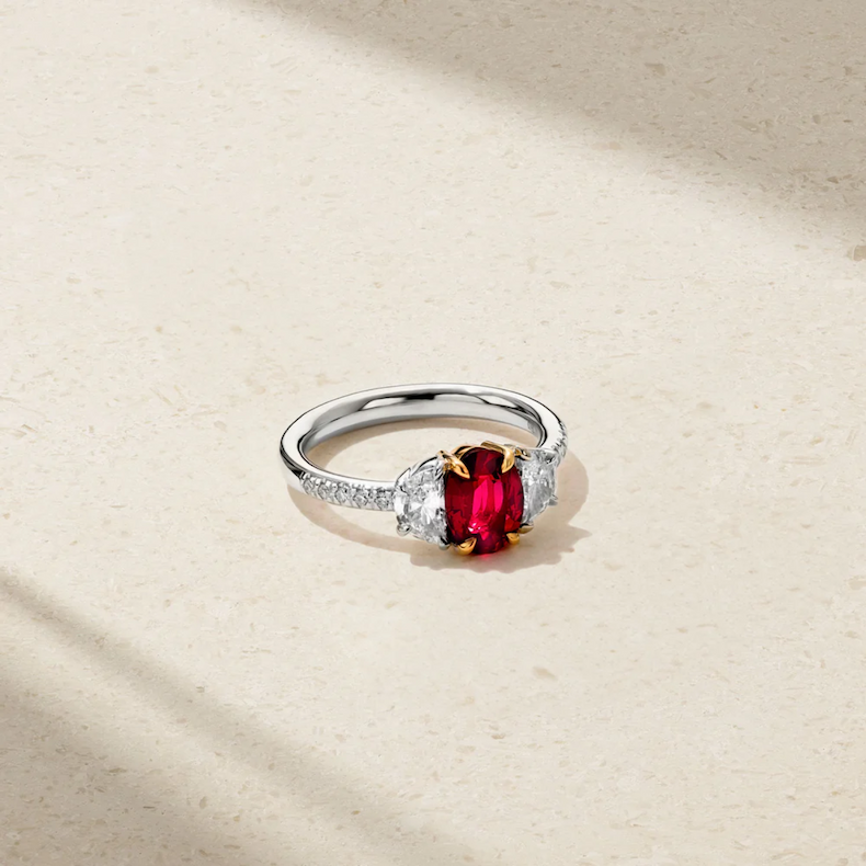 Nouveau Two Tone Three Stone Oval Ruby and Diamond Ring