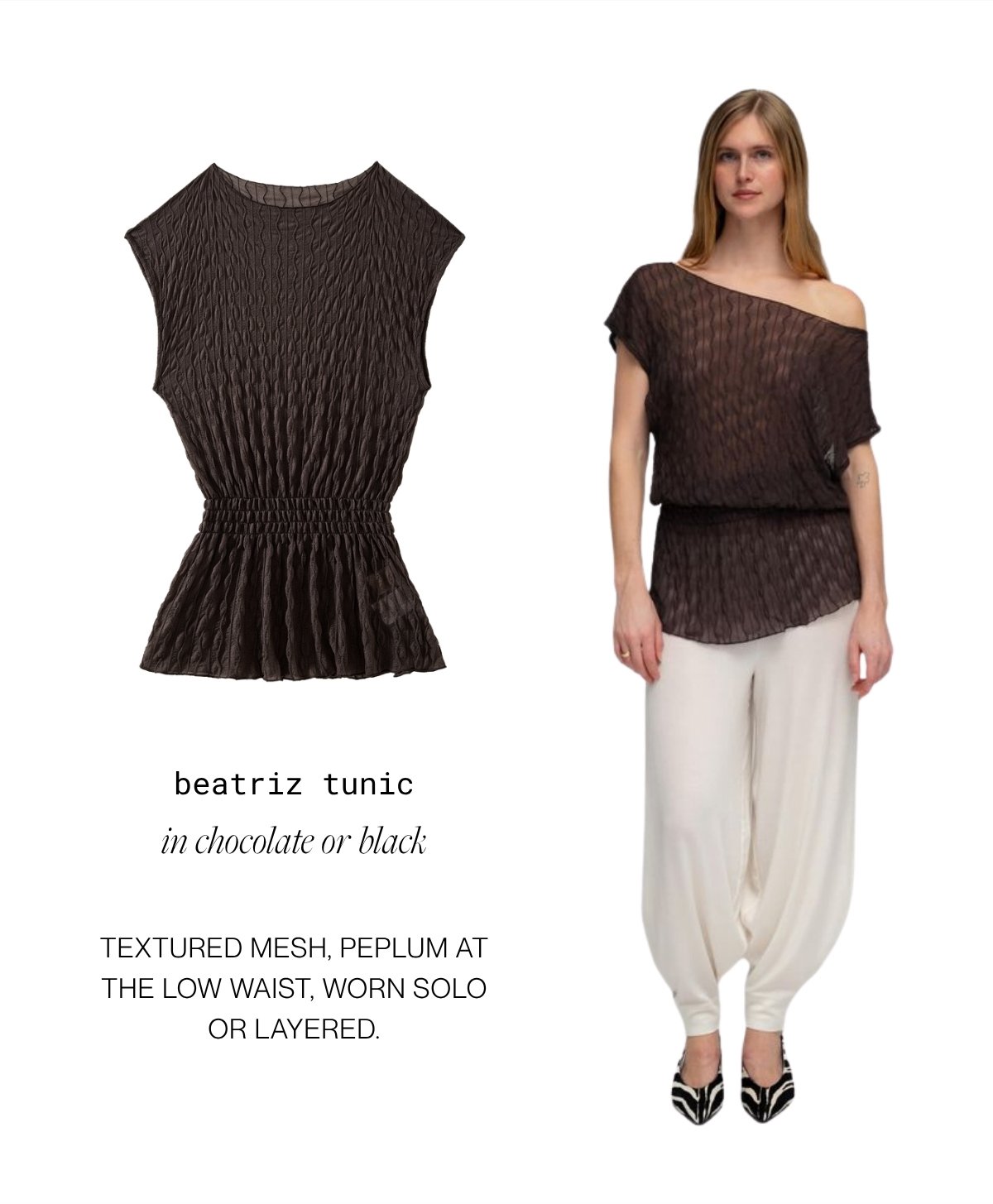 beatriz tunic in chocolate or black Textured mesh, peplum at the low waist, worn solo or layered.