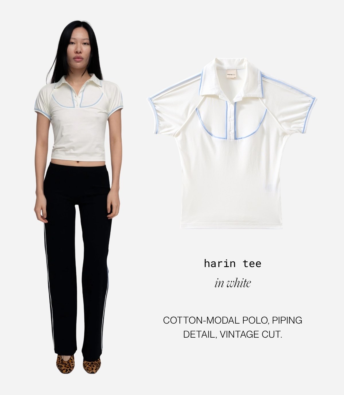 harin tee in white Cotton-modal polo, piping detail, vintage cut.