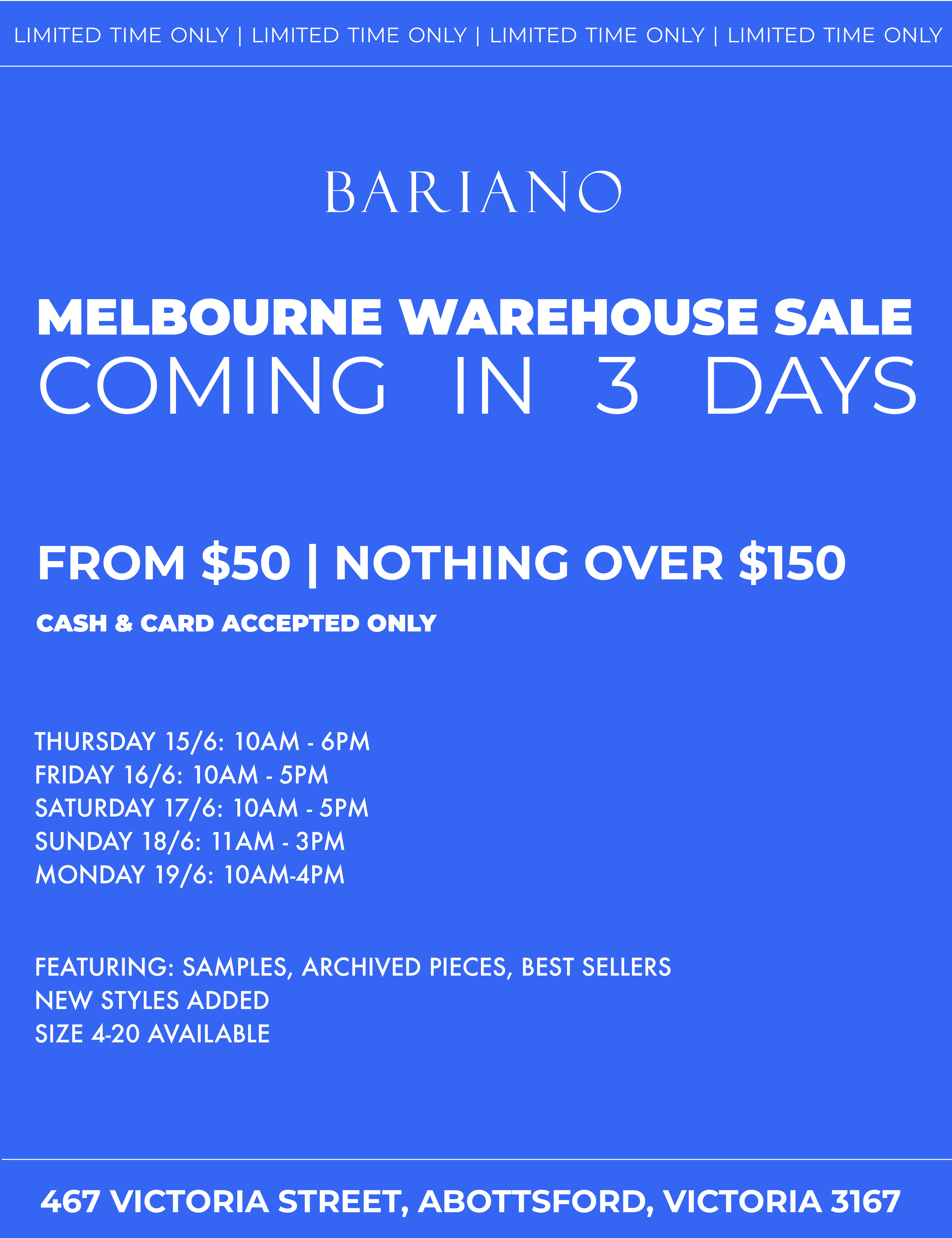 MELBOURNE WAREHOUSE SALE COMING IN 3 DAYS Bariano Australia