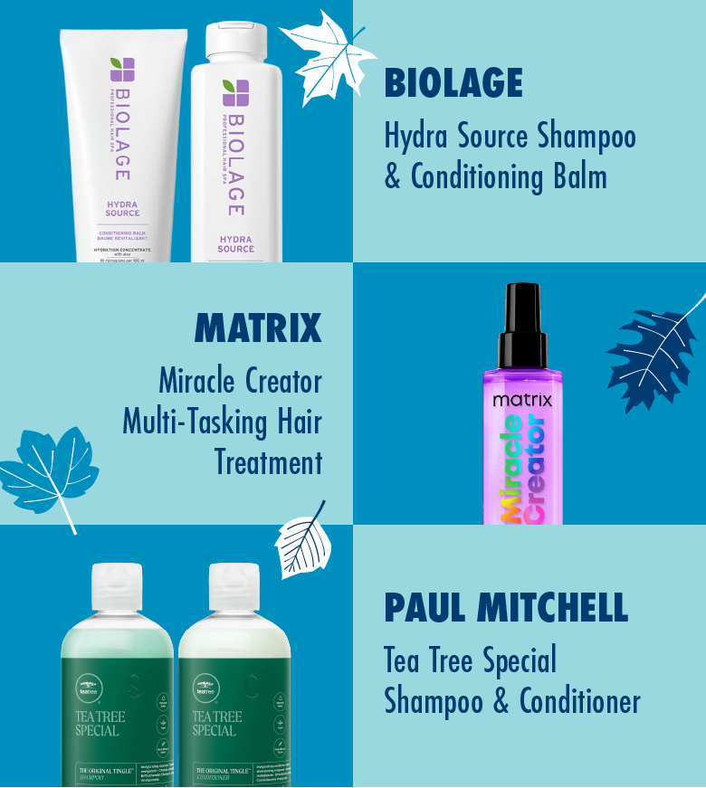Stylist recommended products at Supercuts. Biolage Balm, Matrix Hair Treatment, and Paul Mitchell Tea Tree Shampoo and Conditioner.