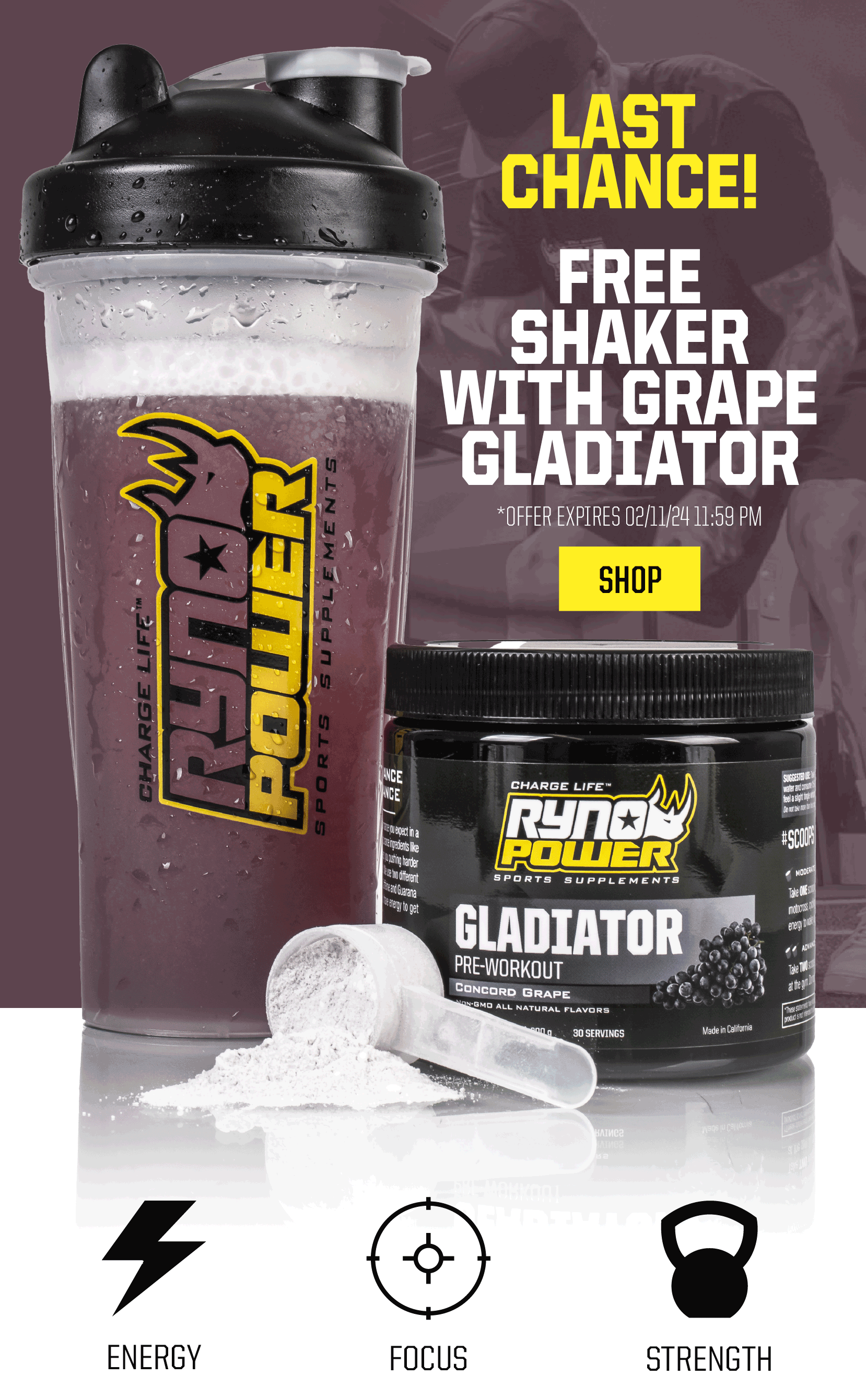 ⏰ Final hours! FREE Shaker with Grape Gladiator! 🍇 Ryno Power