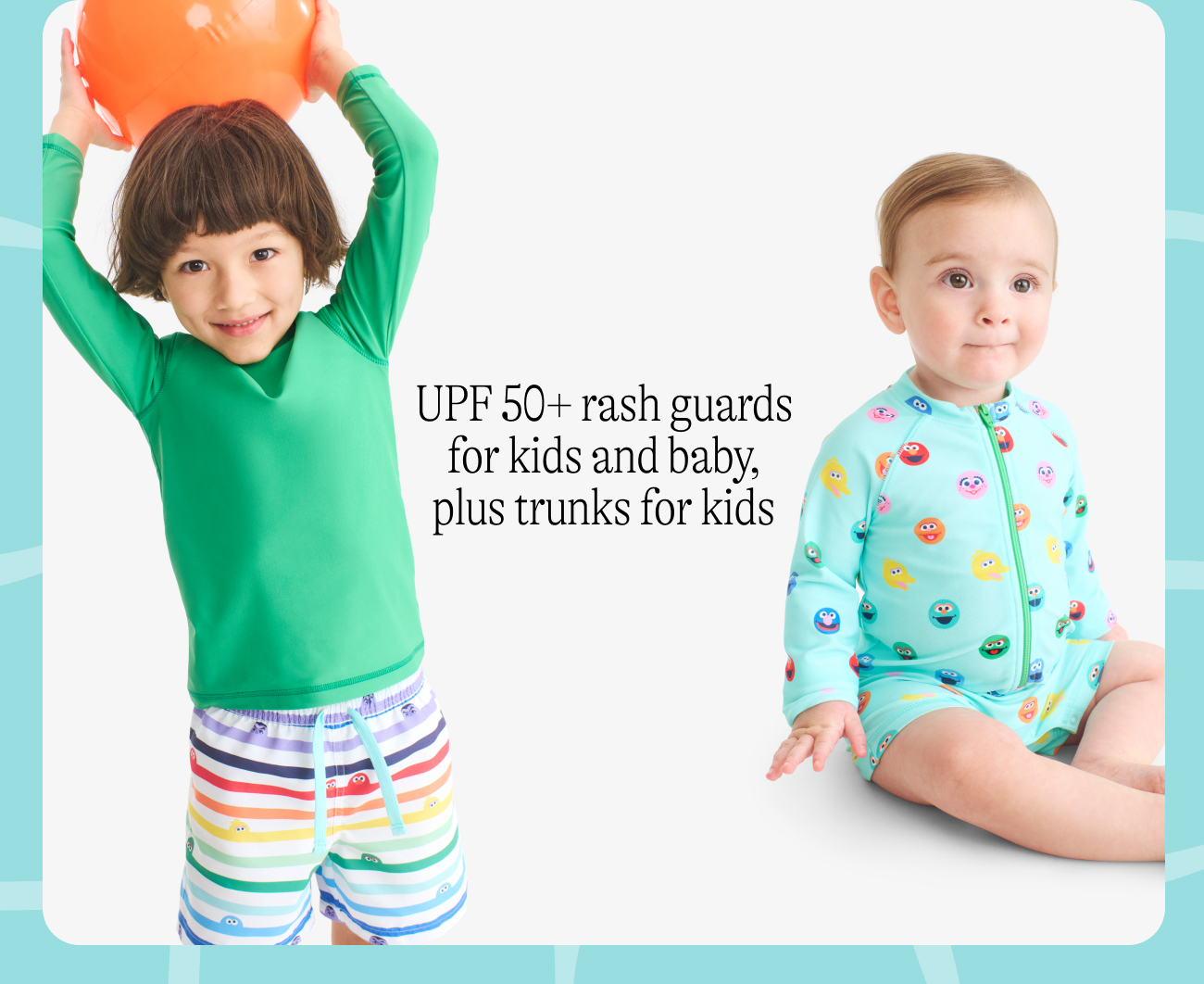 UPF 50+ rash guards for kids and baby, plus trunks for kids