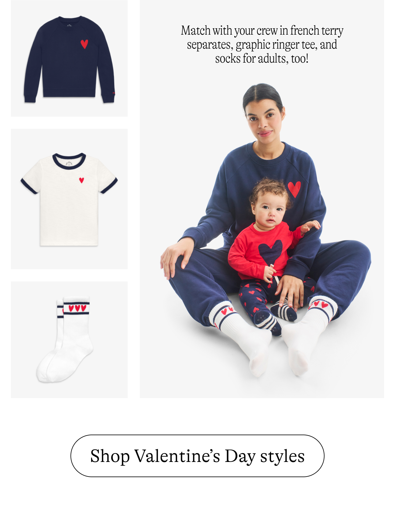 Match with your crew in french terry separates, graphic ringer tee, and socks for adults, too!