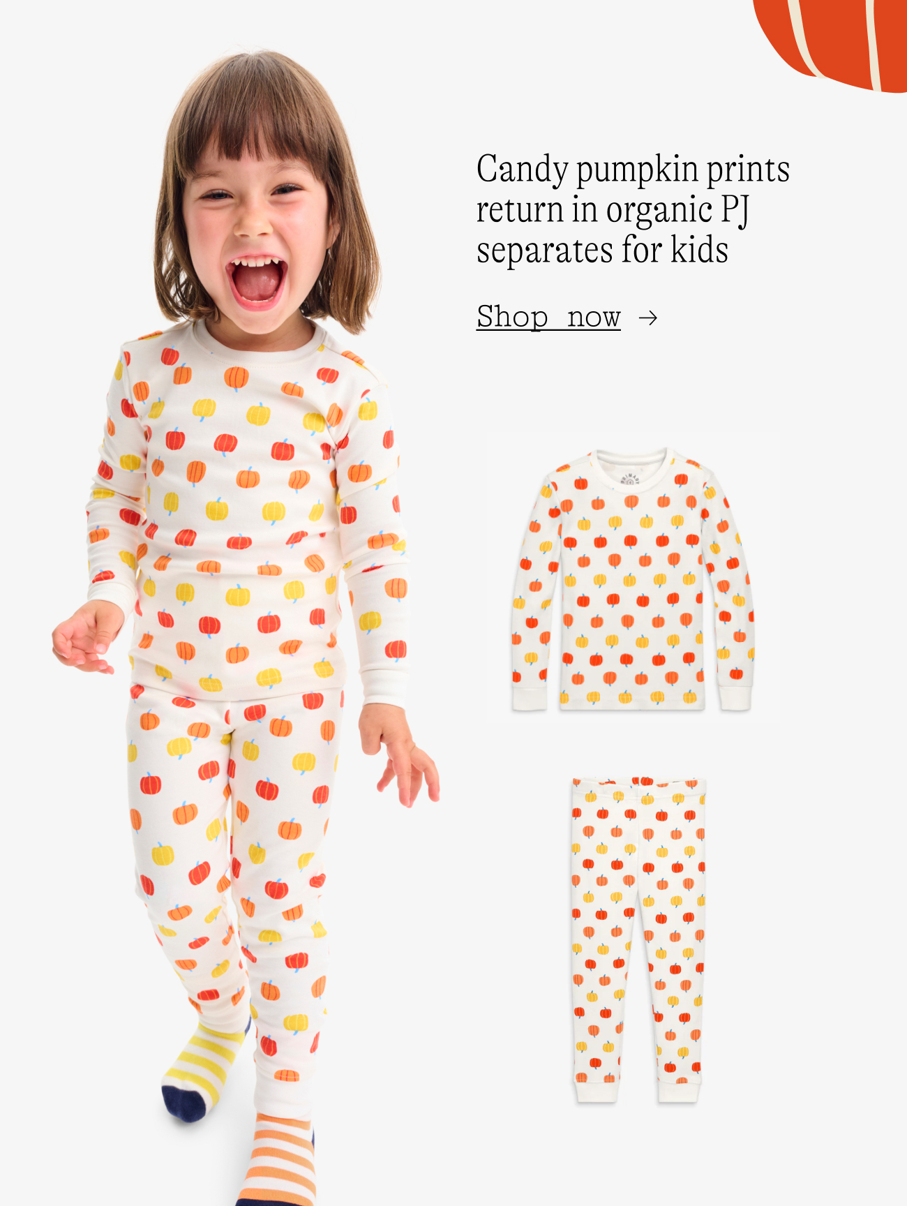 Candy pumpkin prints return in organic PJ separates for kids