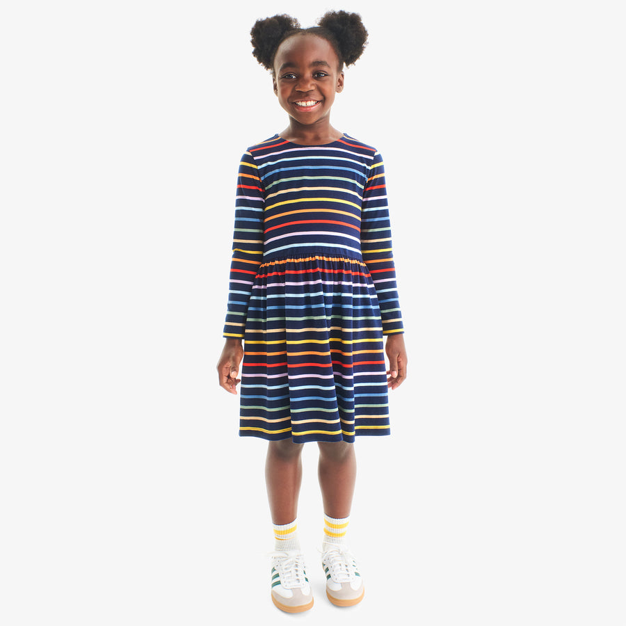 Kids long sleeve perfect pocket dress in rainbow stripe