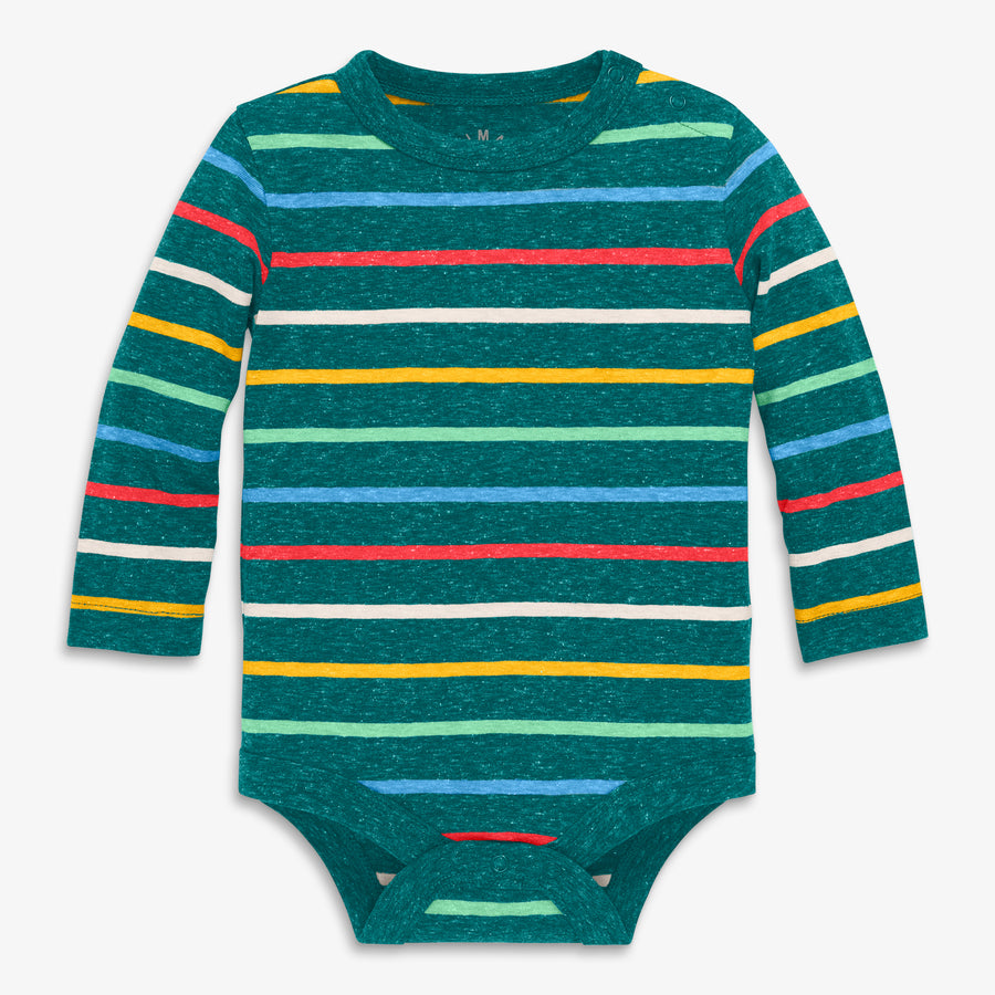 Heathered long sleeve babysuit in rainbow stripe