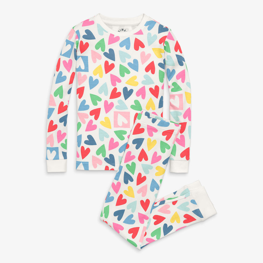 Kids organic long sleeve PJ set in rainbow candy hearts