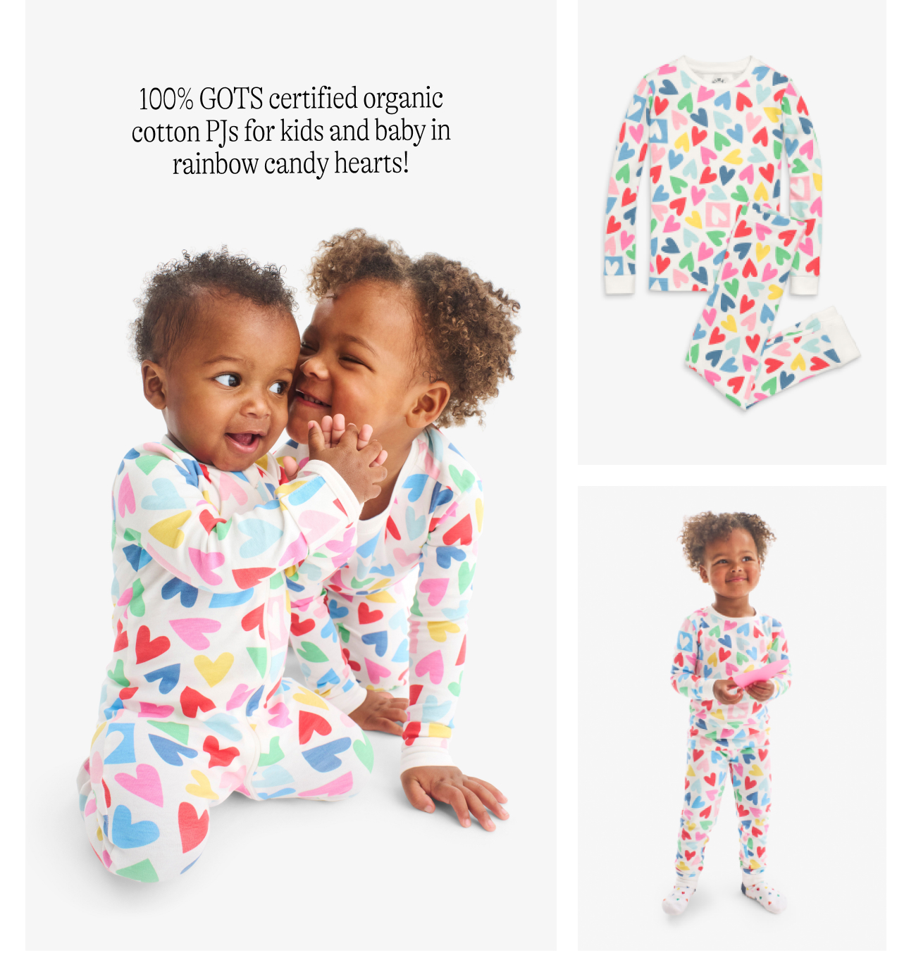 100% GOTS certified organic cotton PJs for kids and baby in rainbow candy hearts!