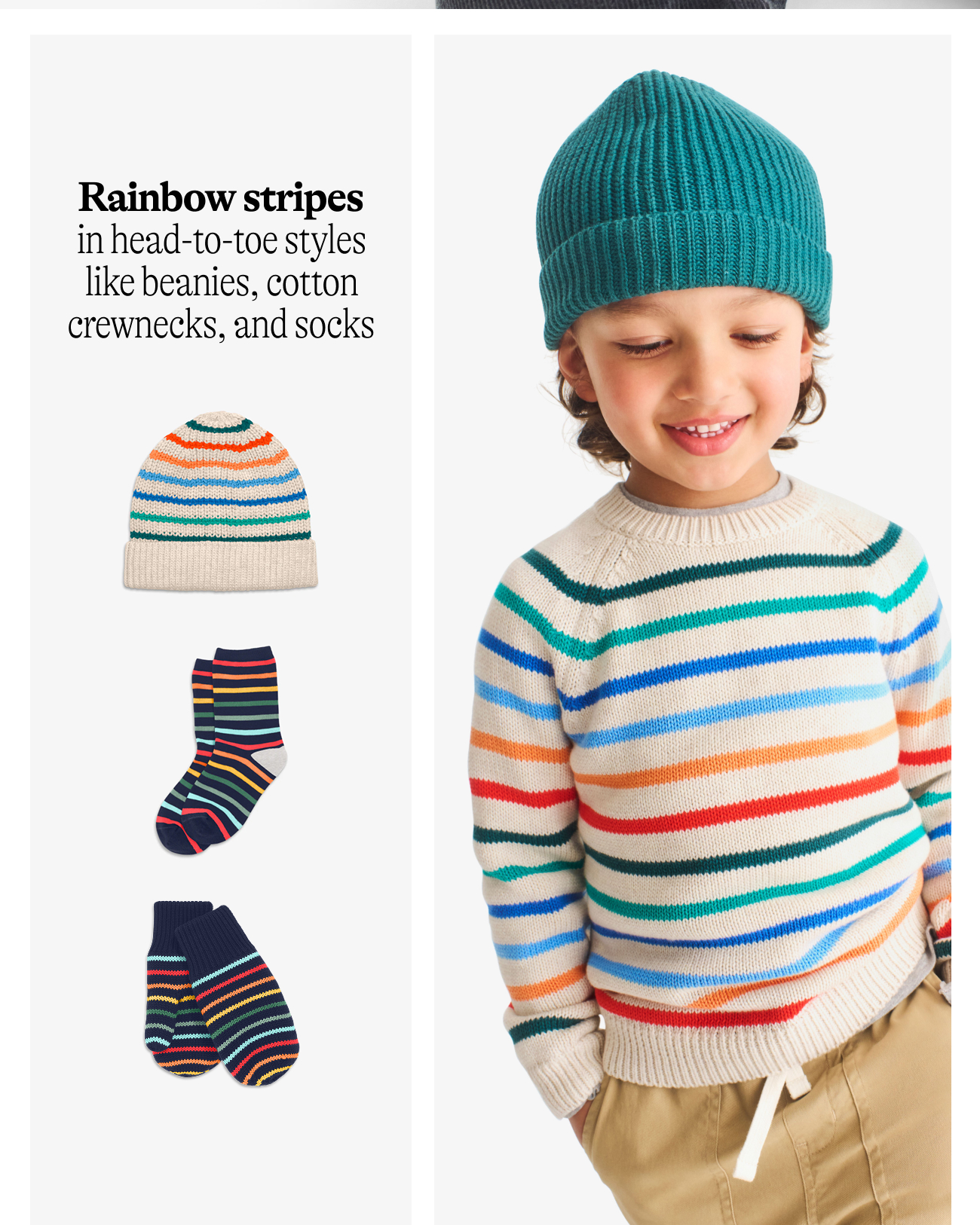  Rainbow stripes in head-to-toe styles like beanies, cotton crewnecks, and socks