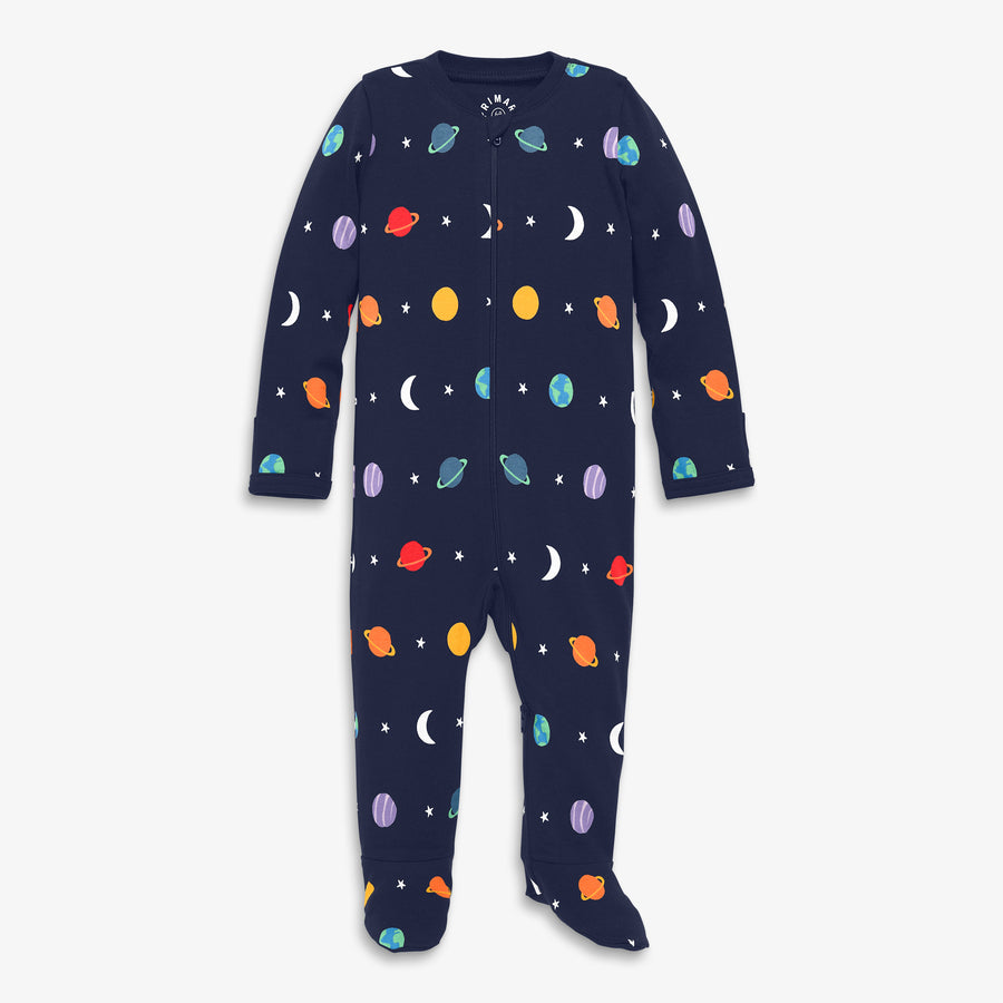 Baby organic zip footie in rainbow galaxy