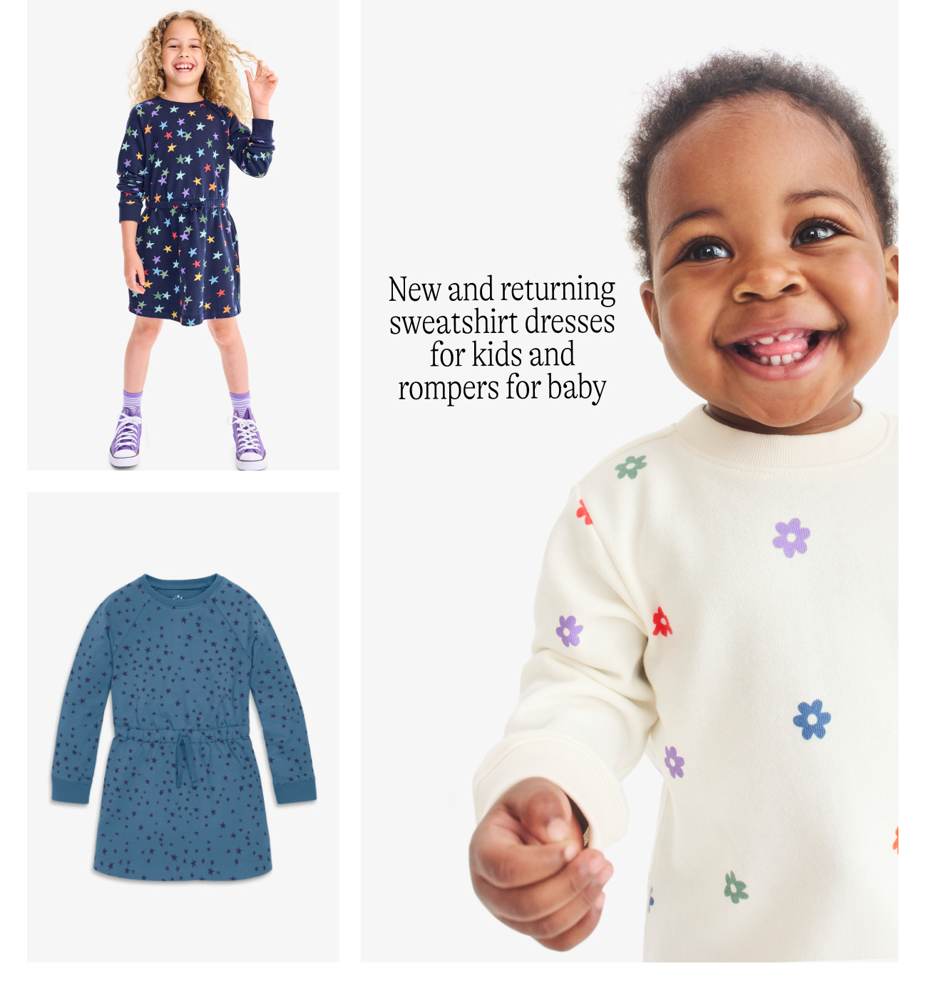 New and returning sweatshirt dresses for kids and rompers for baby