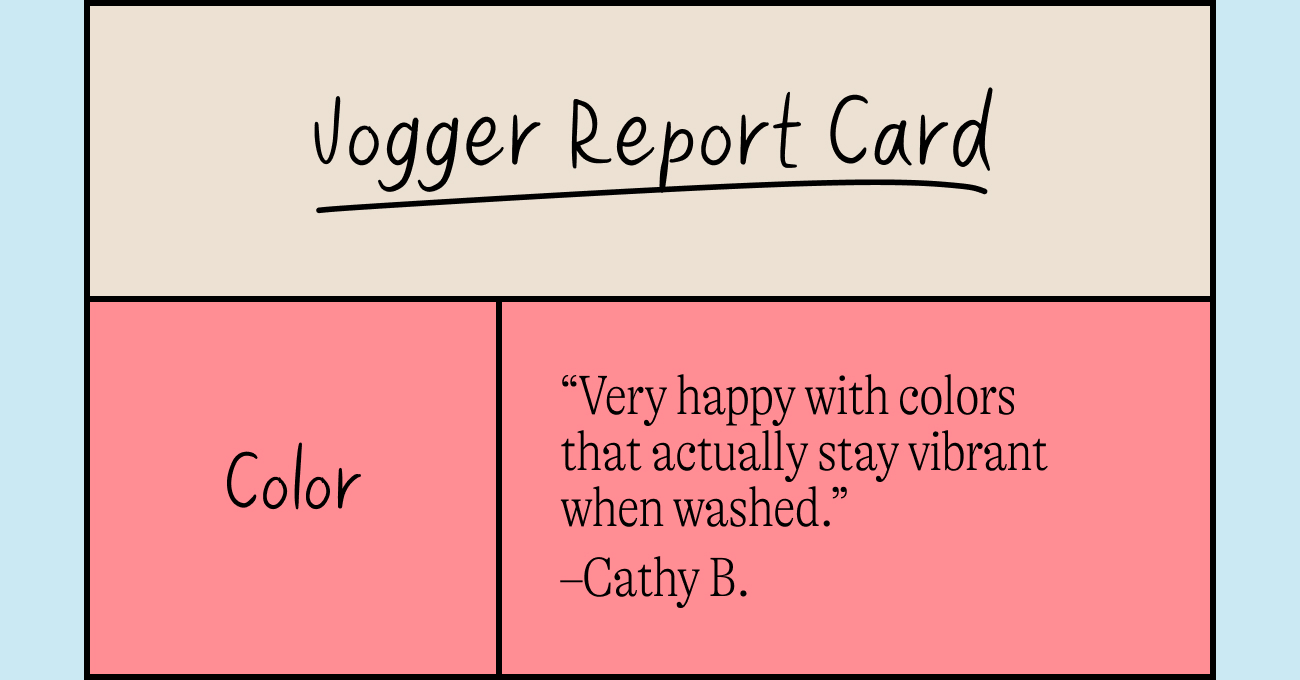 Jogger report card. Color: “Very happy with colors that actually stay vibrant when washed.” –Cathy B.