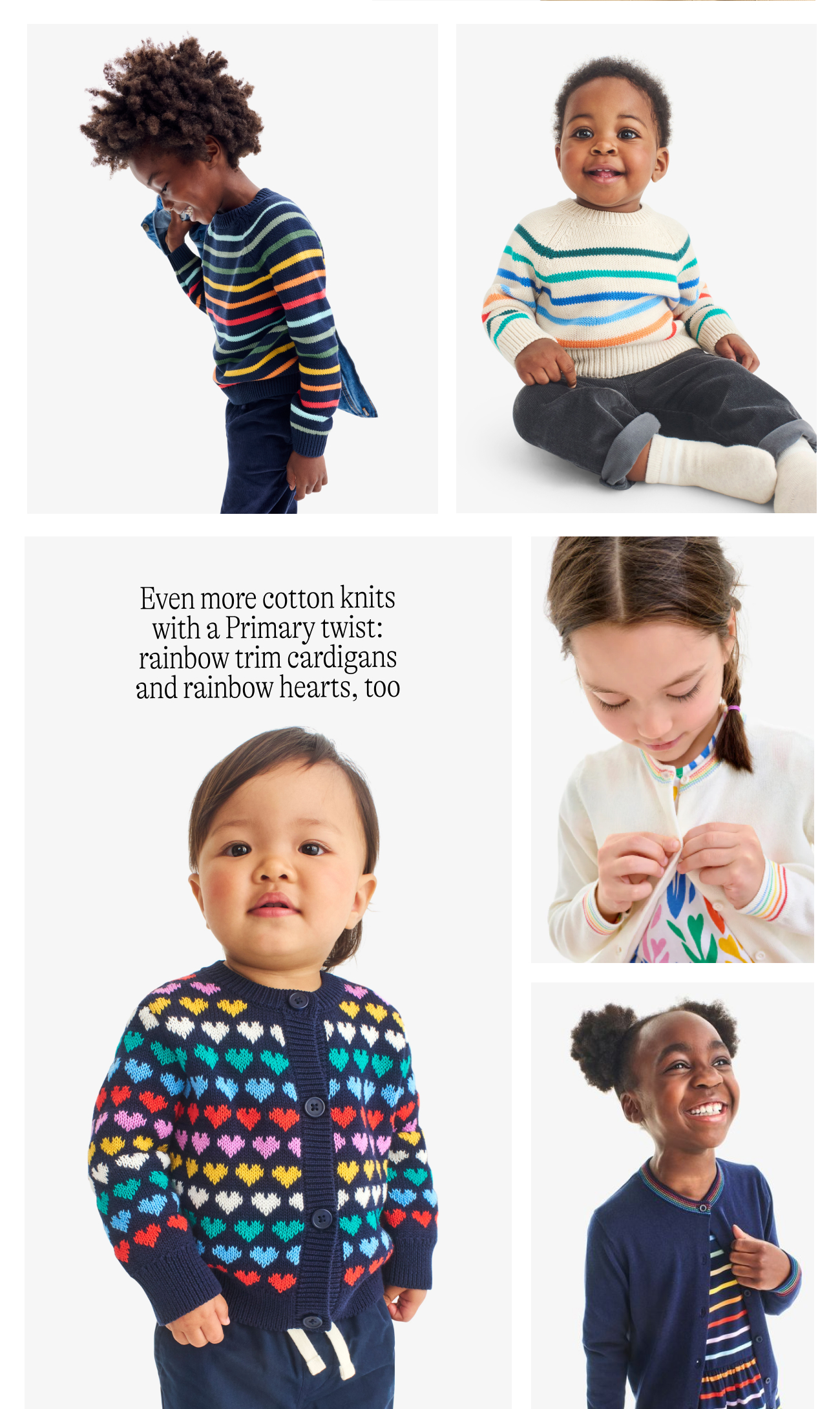 Even more cotton knits with a Primary twist: rainbow trim cardigans and rainbow hearts, too
