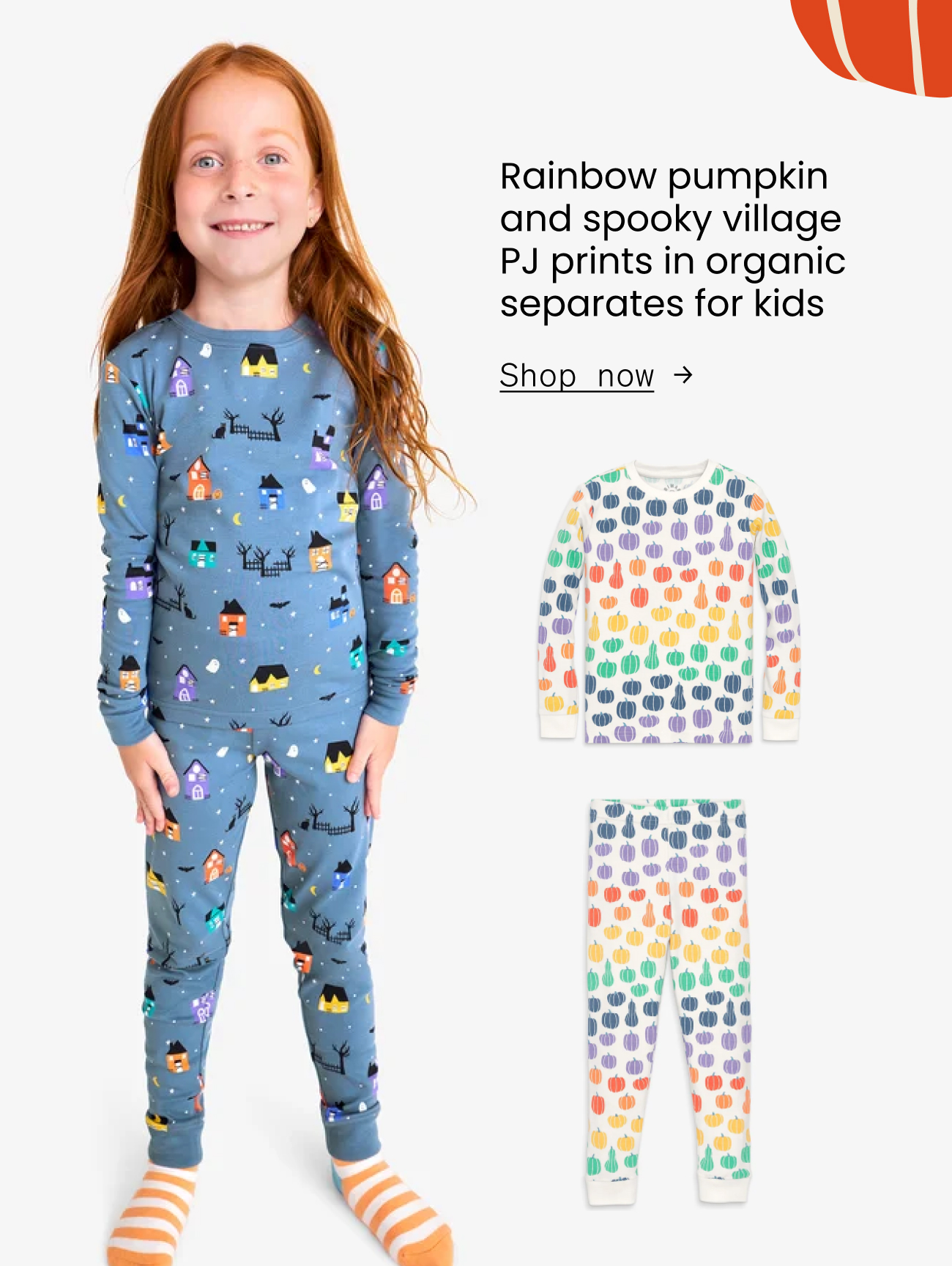 Rainbow pumpkin and spooky village PJ prints in organic  separates for kids shop now