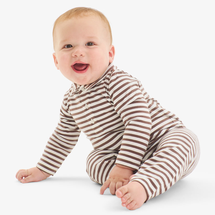 Baby long sleeve polo romper in mini stripe