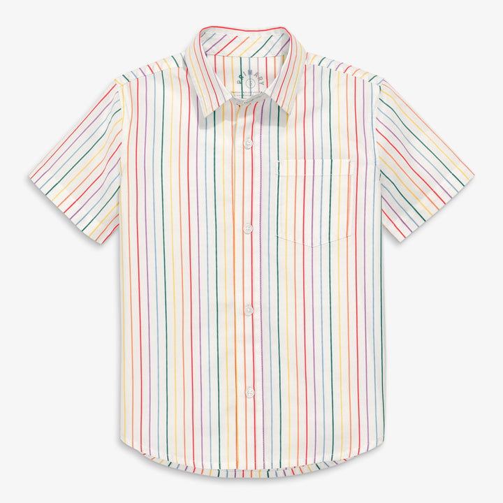 Kids short sleeve button down in rainbow pinstripe