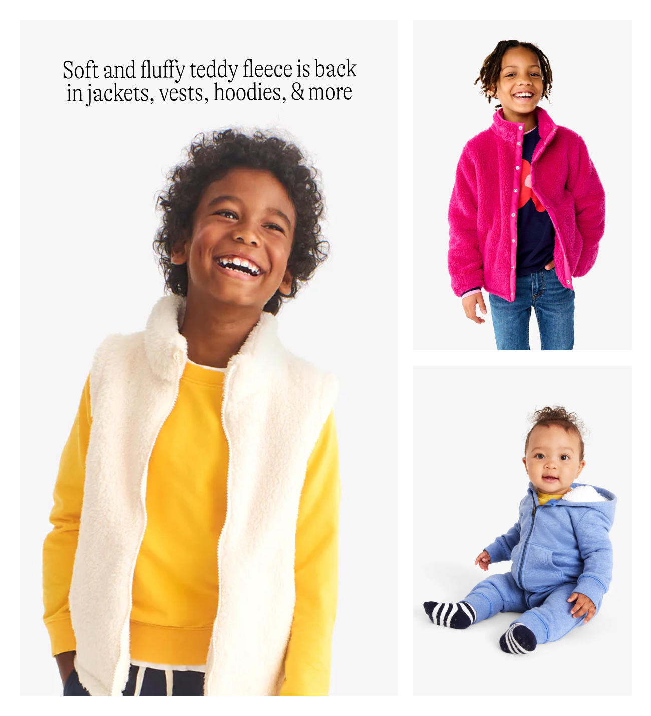 Soft and fluffy teddy fleece is back in jackets, vests, hoodies, & more