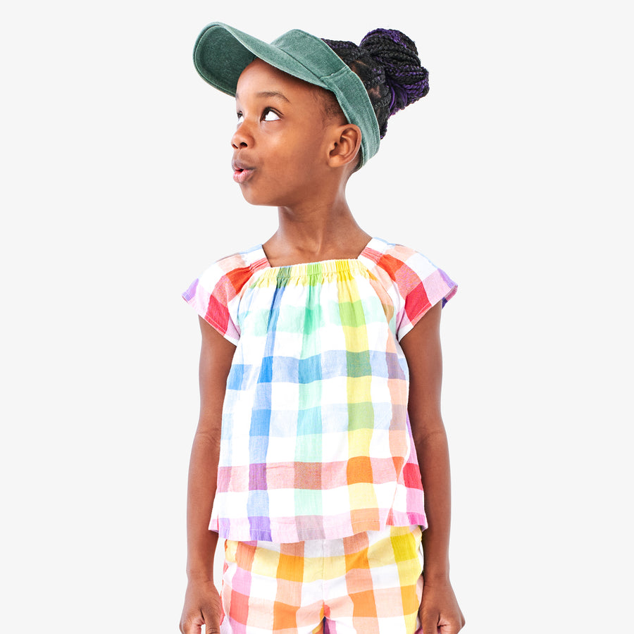 Kids picnic top in rainbow gingham
