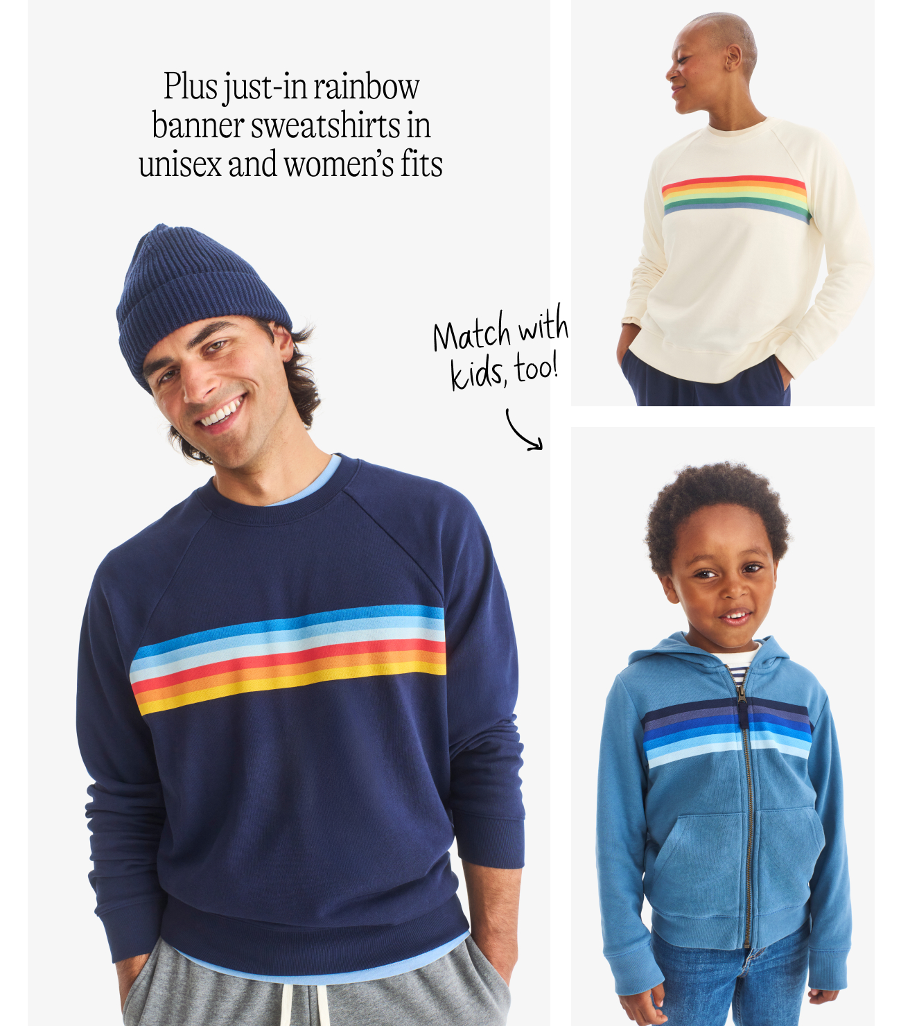 Plus just-in rainbow banner sweatshirts in unisex and women’s fits