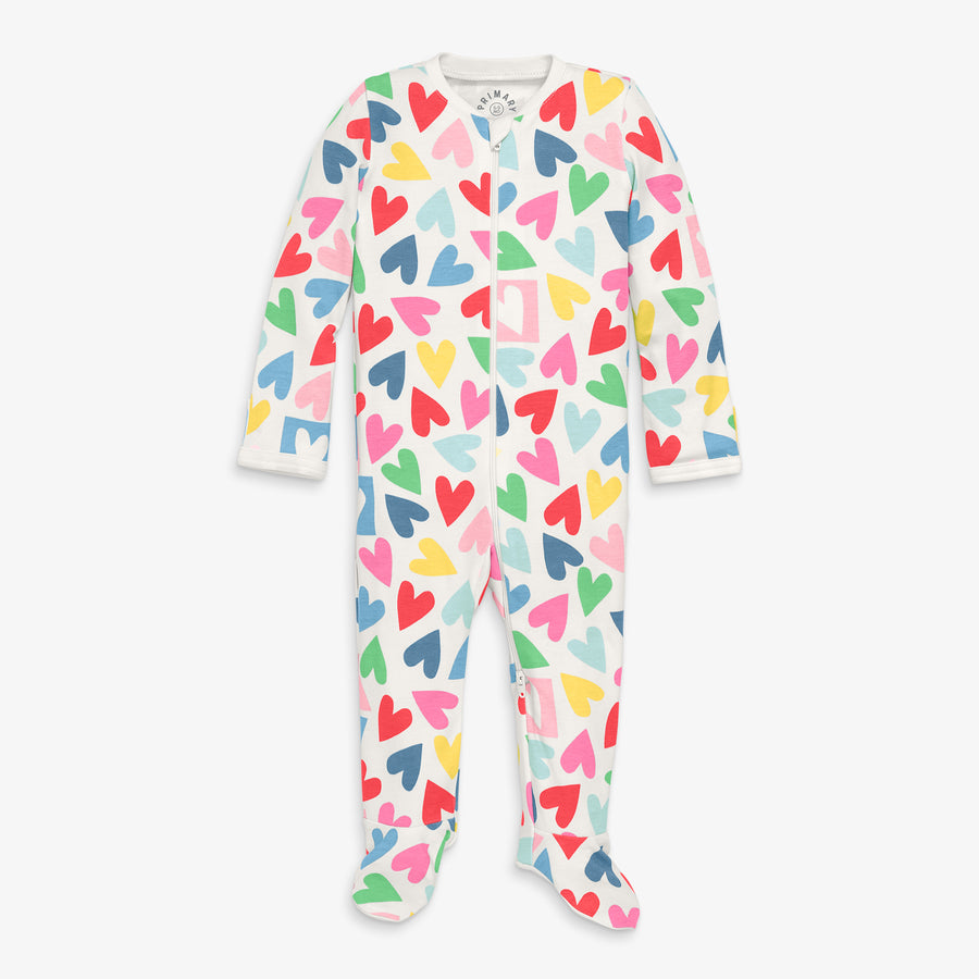 Baby organic zip footie in rainbow candy hearts