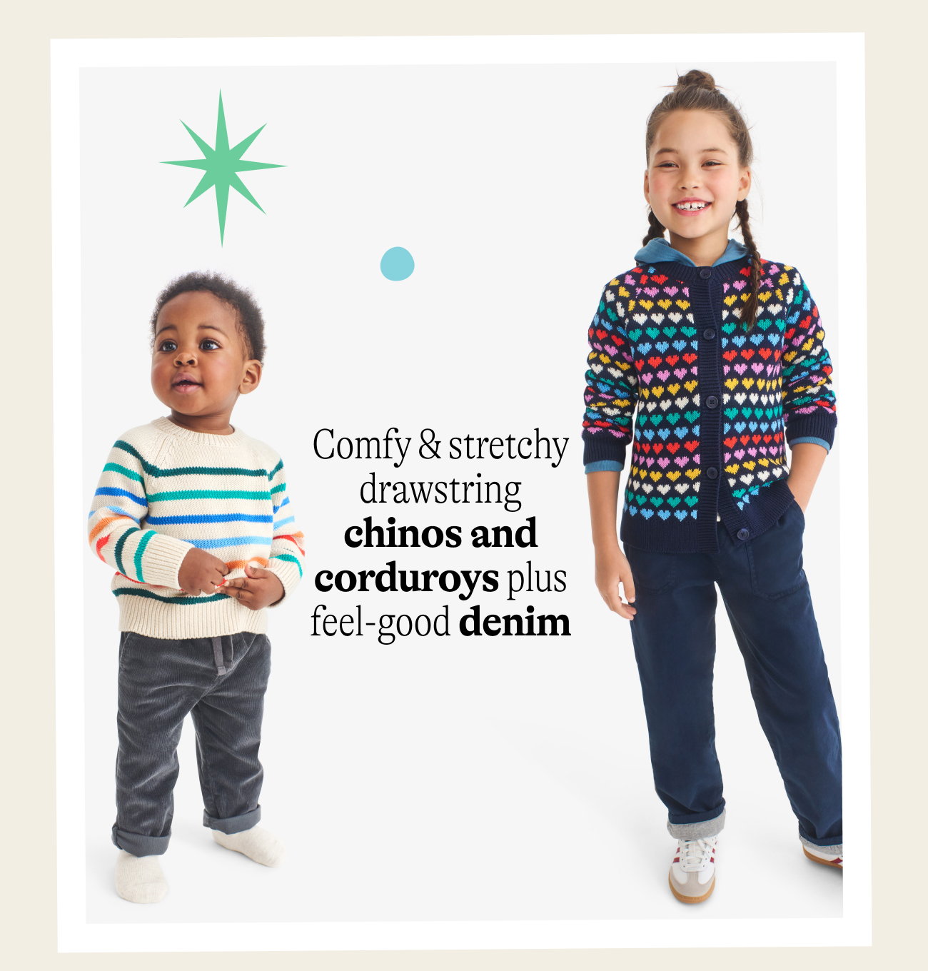 Comfy & stretchy drawstring chinos and corduroys plus feel-good denim