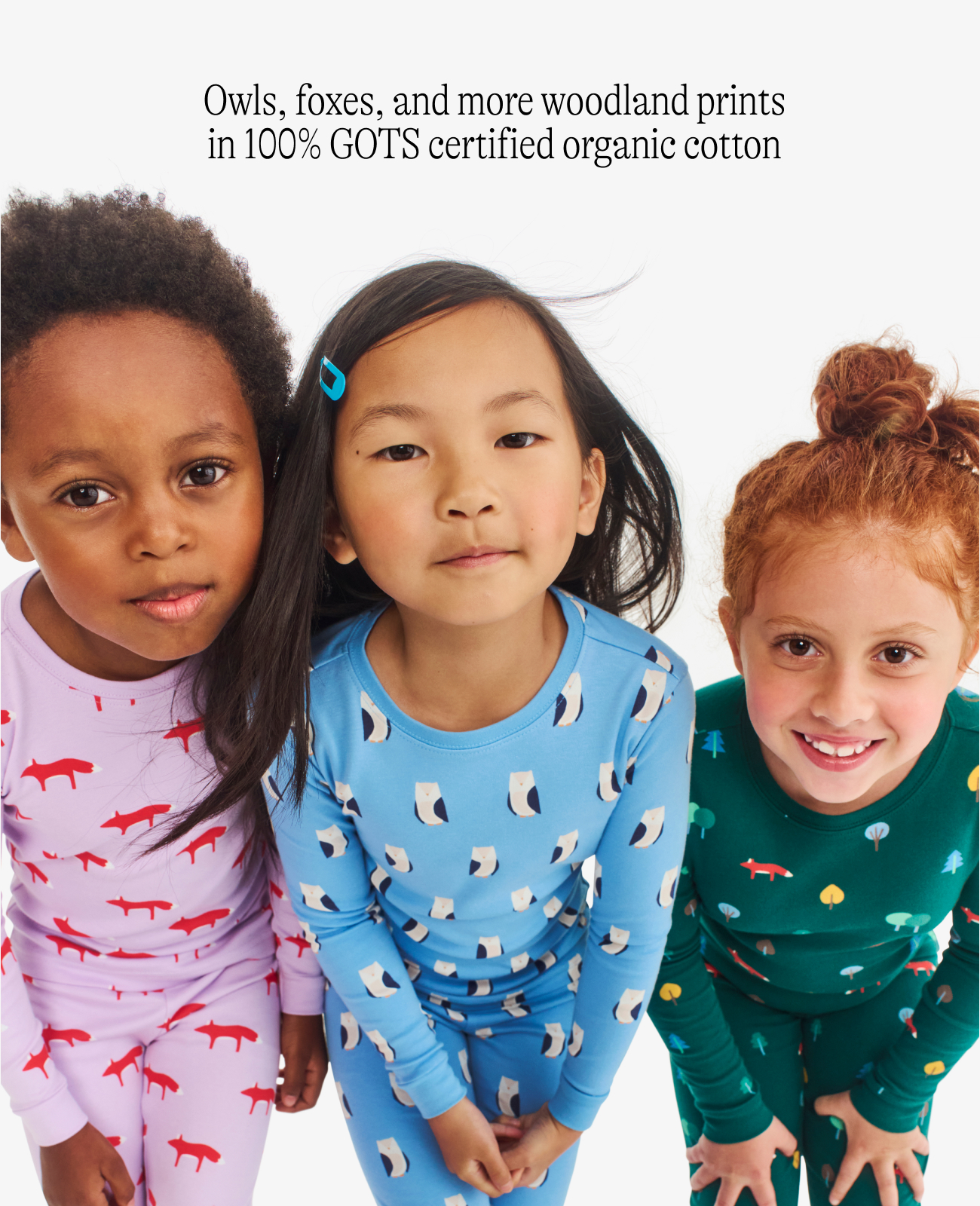 Owls, foxes, and more woodland prints in 100% GOTS certified organic cotton