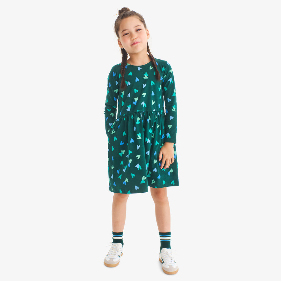 Kids long sleeve perfect pocket dress in confetti hearts
