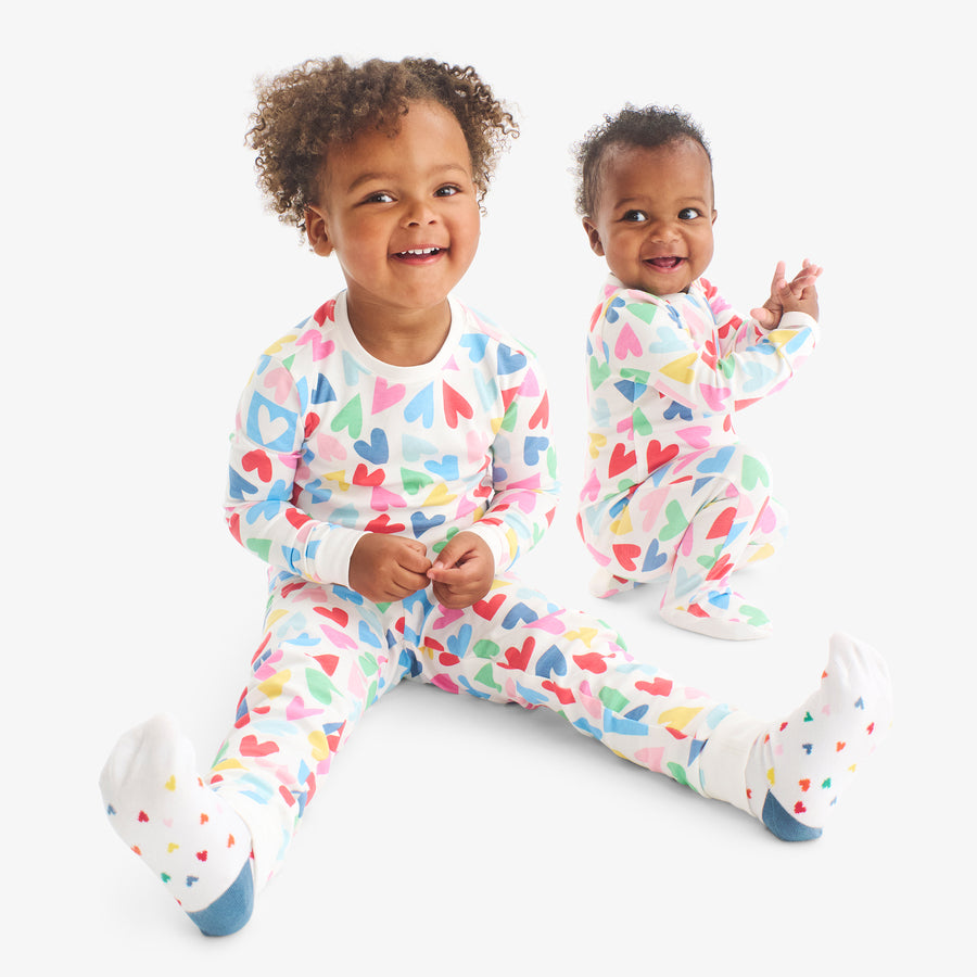 Kids organic long sleeve PJ set in rainbow candy hearts