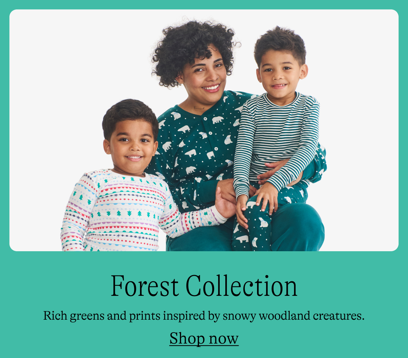 Forest Collection Rich greens and prints inspired by snowy woodland creatures.