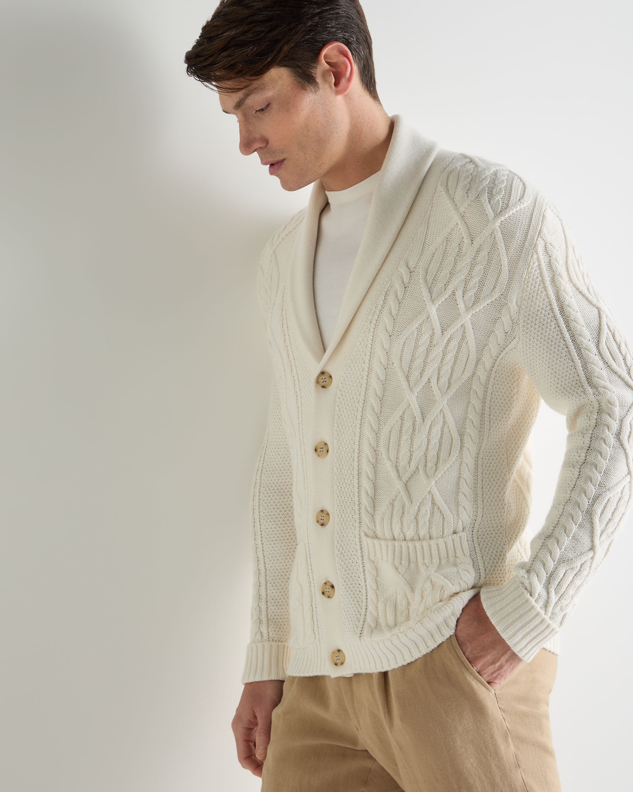 Men's Cable Shawl Cotton Blend Cardigan