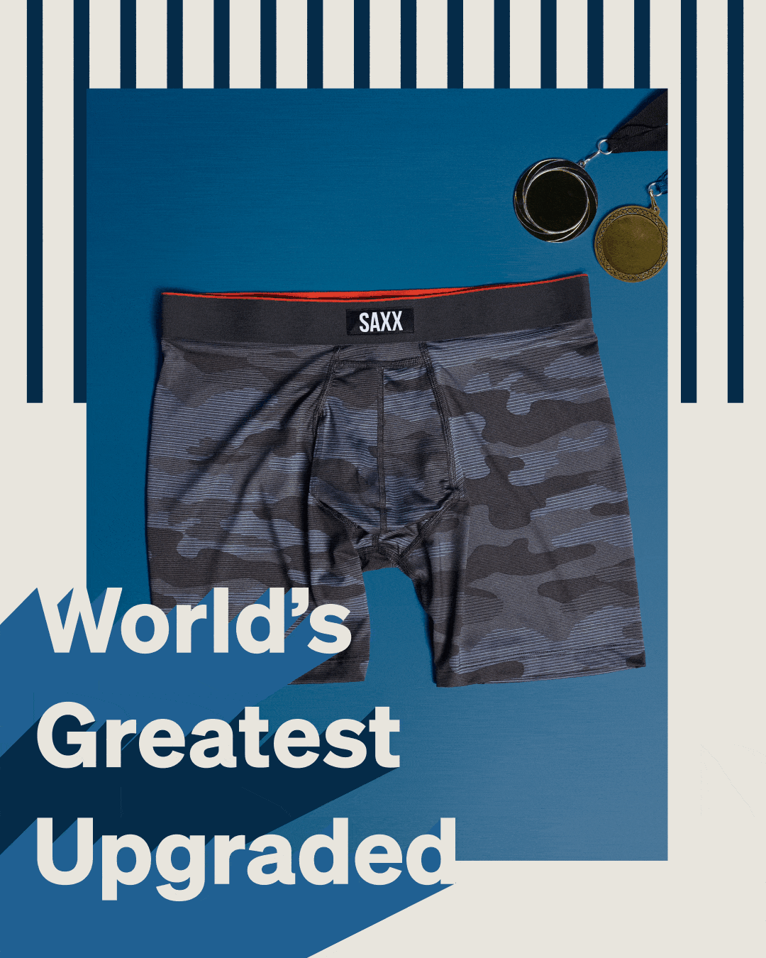 SAXX camo performance boxer briefs displayed on a blue background with “World’s Greatest Upgraded” text and medal graphics.