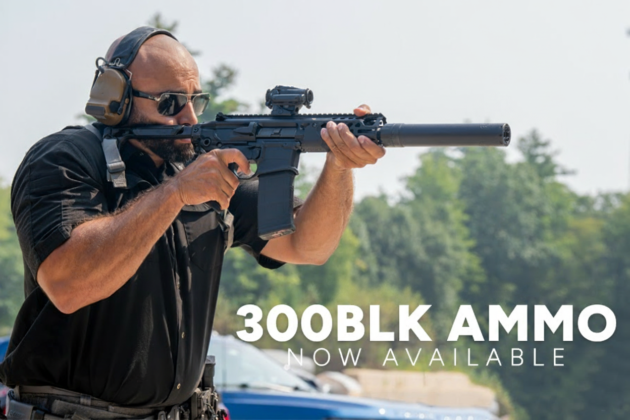 Man with rifle and suppressor, text reads "300BLK AMMO NOW AVAILABLE".
