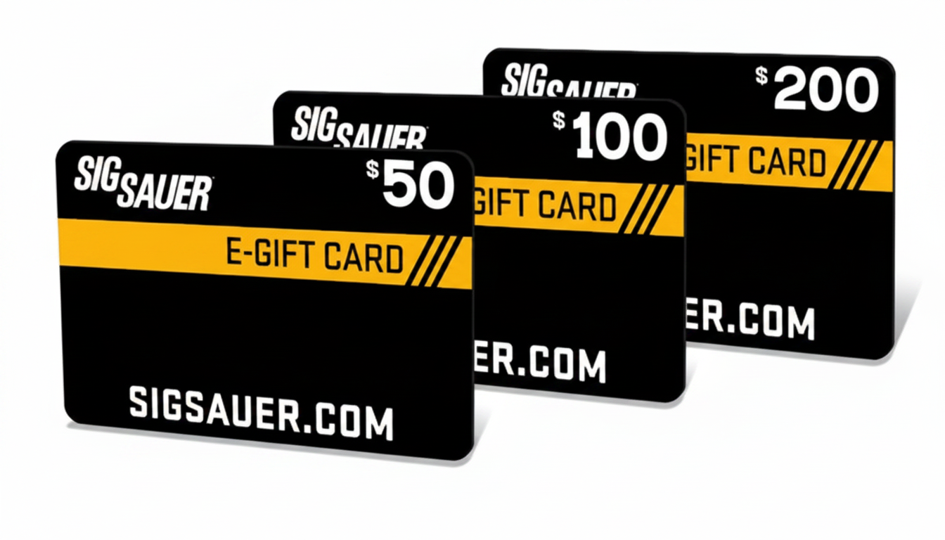 Three SIG SAUER gift cards in denominations of $50, $100, and $200. Three SIG SAUER gift cards in denominations of $50, $100, and $200.