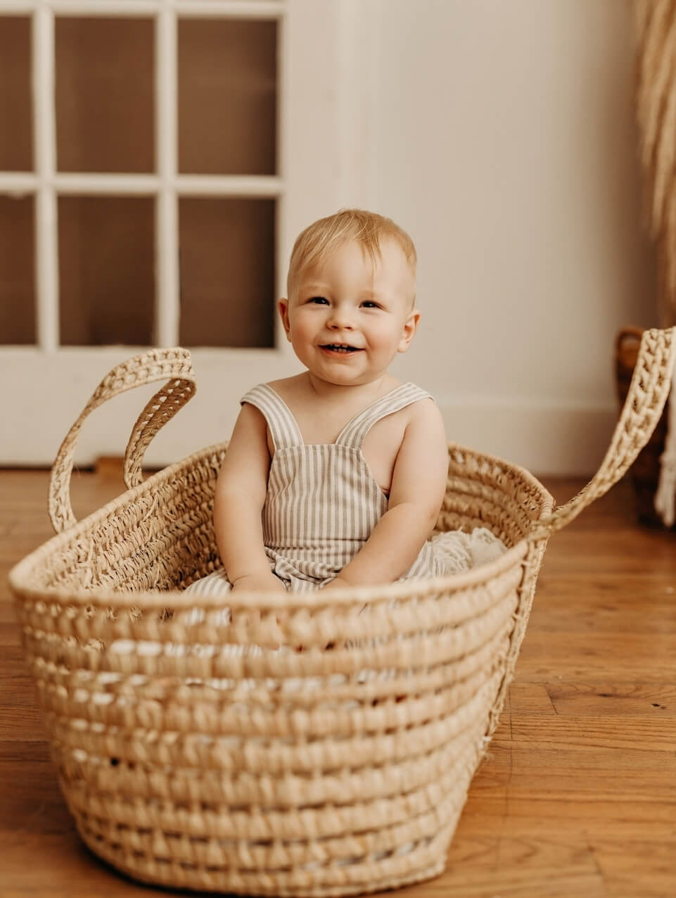 Grady Romper (desert pinstripe linen)