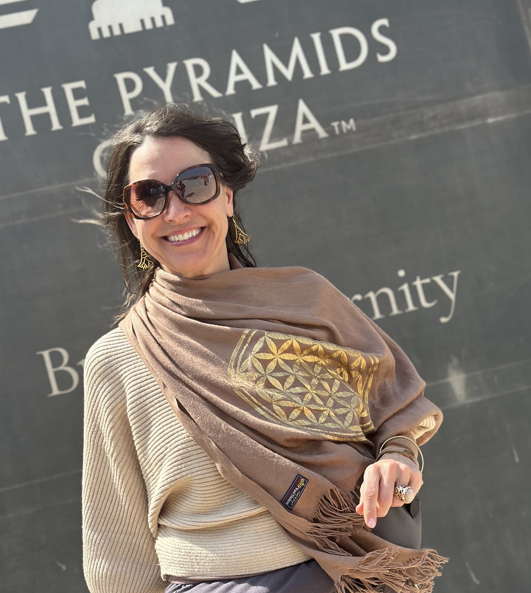 Stephanie at the Pyramids of Giza, Flower of Life shawl prominent