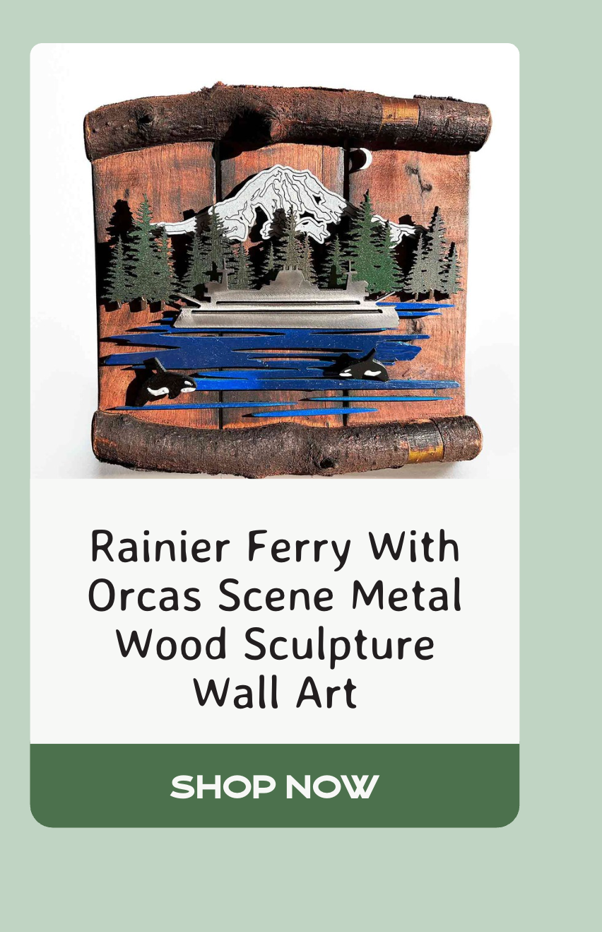 Rainier Ferry With Orcas Scene Metal Wood Sculpture Wall Art