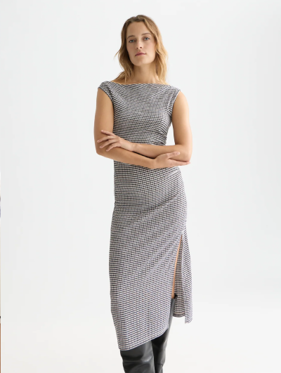 Structured Gingham Drapey Midi Dress