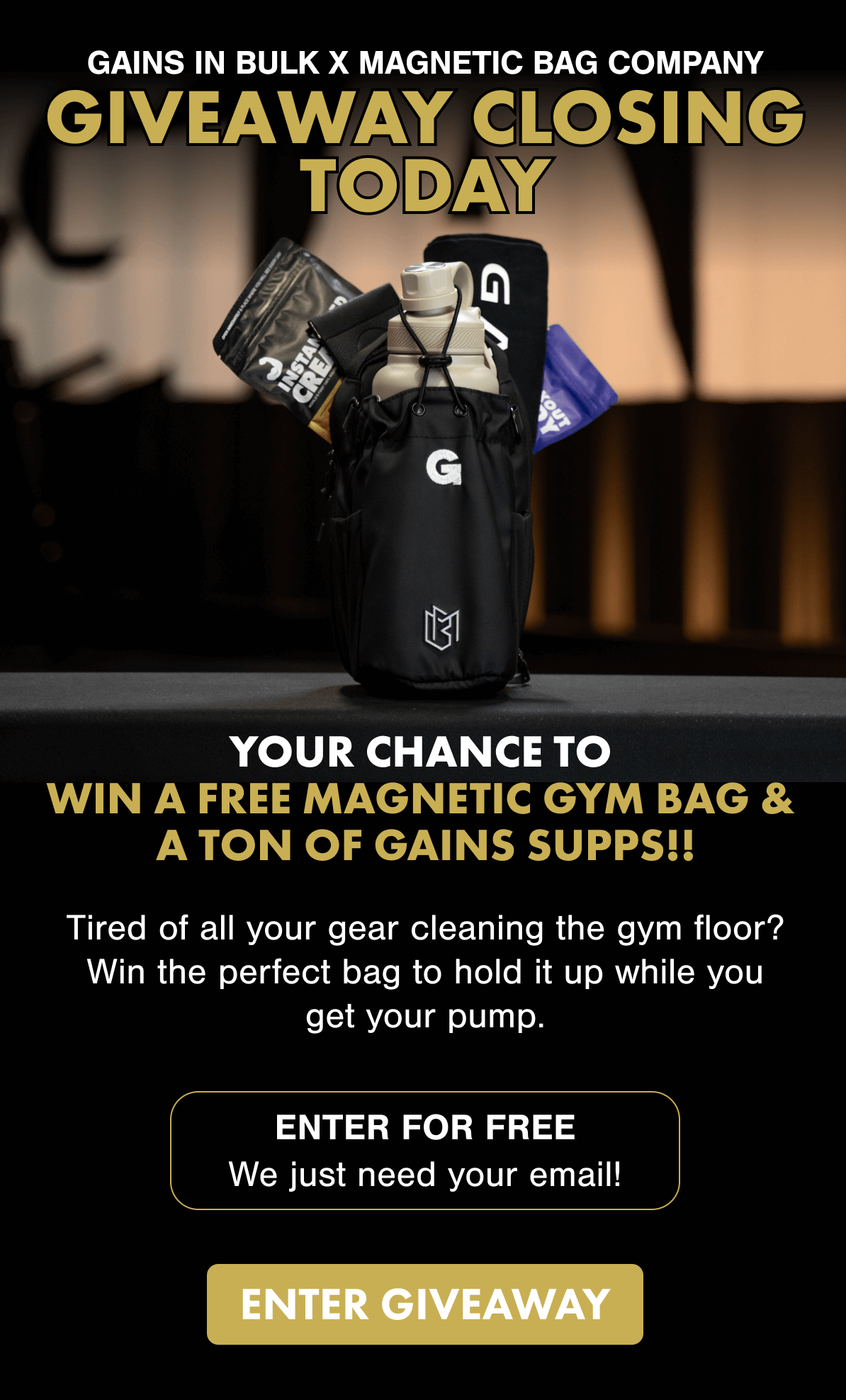 AINS IN BULK X MAGNETIC BAG COMPANY  GIVEAWAY CLOSING TODAY  Your Chance to Win a Free Magnetic Gym Bag & a Ton of Gains Supps!!  Tired of all your gear cleaning the gym floor? Win the perfect bag to hold it up while you get your pump.  ENTER FOR FREE We just need your email!  [ENTER GIVEAWAY]