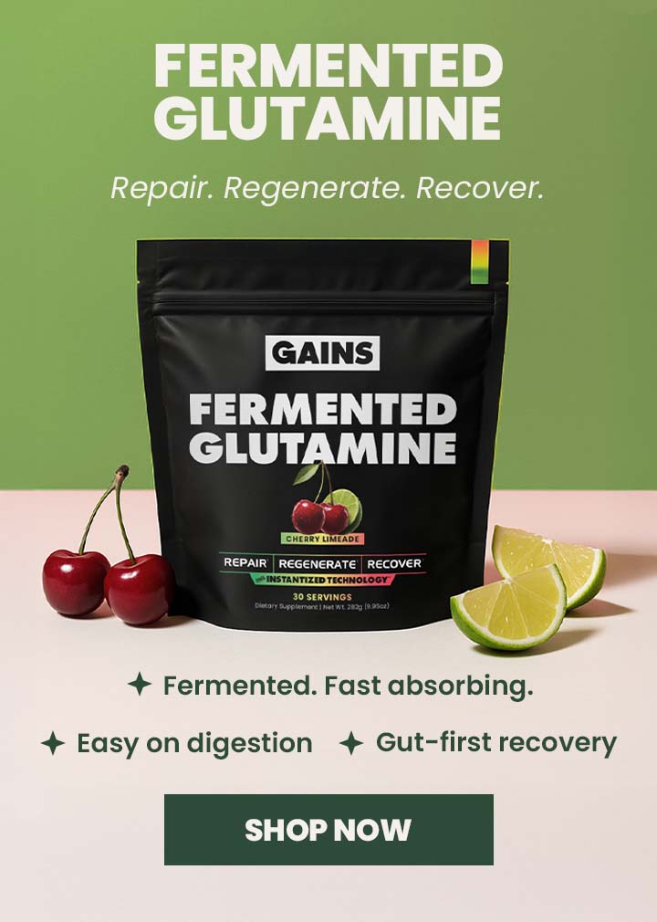 Fermented Glutamine in Cherry Limeade. Fermented. Fast absorbing. Easy on digestion. Gut-first recovery.