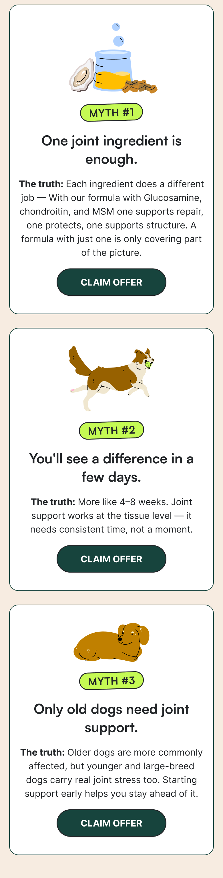 Myth 1: One joint ingredient is enough | Myth 2: You'll see a difference in a few days. | Myth 3: Only old dogs need joint support. 