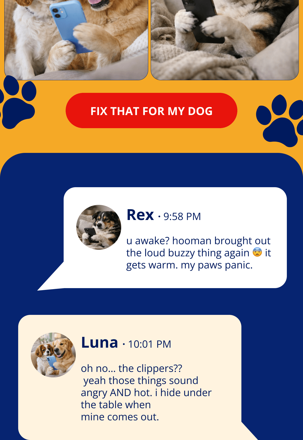 Rex · 9:58 PM  u awake? hooman brought out the loud buzzy thing again 😨 it gets warm. my paws panic. Luna · 10:01 PM  oh no… the clippers??  yeah those things sound angry AND hot. i hide under the table when mine comes out.