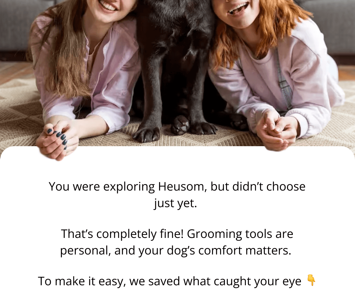You were exploring Heusom, but didn't choose just yet. That's completely fine! Grooming tools are personal, and your dog's comfort matters. To make it easy, we saved what caught your eye 👇