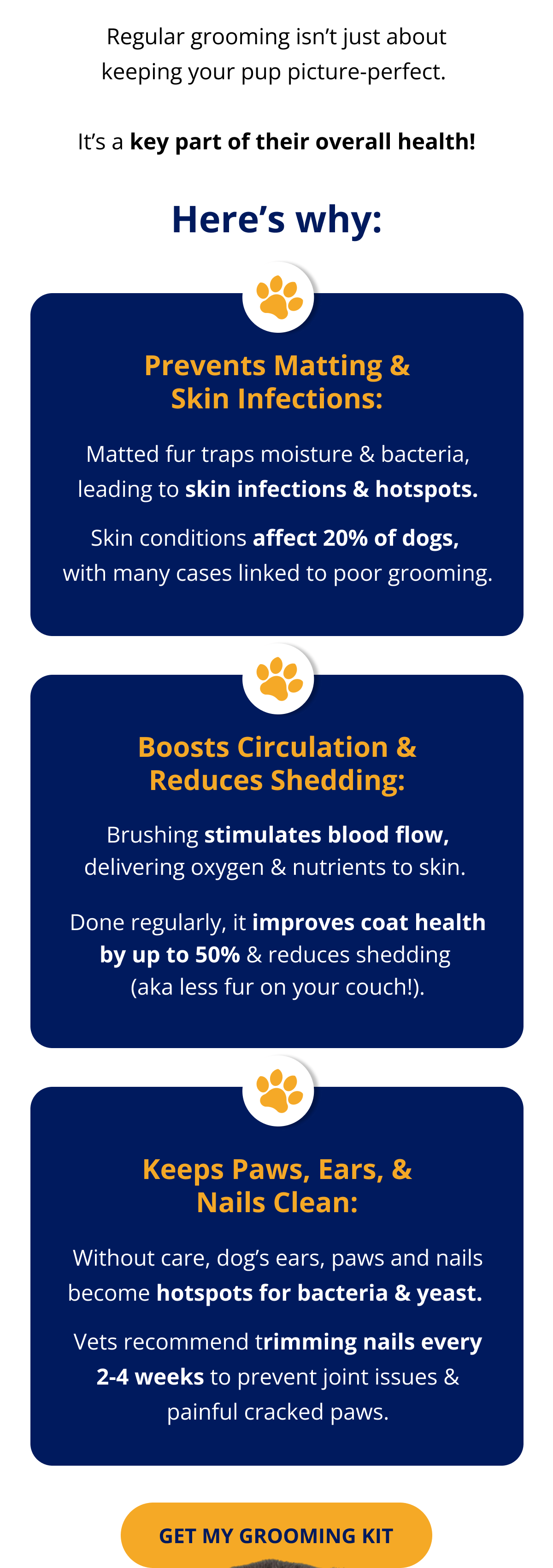 Hey,  Regular grooming isn't just about keeping your pup picture-perfect.   It's a key part of their overall health! Here's why: Prevents Matting & Skin Infections: Matted fur traps moisture & bacteria, leading to skin infections & hotspots. Skin conditions affect 20% of dogs,  with many cases linked to poor grooming. Boosts Circulation & Reduces Shedding: Brushing stimulates blood flow, delivering oxygen & nutrients to skin.  Done regularly, it improves coat health by up to 50% & reduces shedding  (aka less fur on your couch!). Keeps Paws, Ears, & Nails Clean: Without care, dog's ears, paws and nails become hotspots for bacteria & yeast.  Vets recommend trimming nails every 2-4 weeks to prevent joint issues & painful cracked paws.