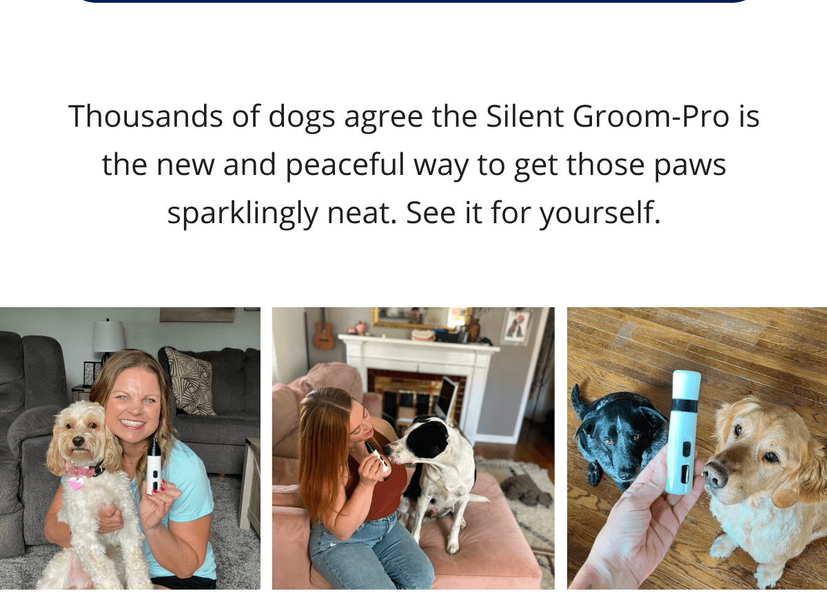 Thousands of dogs agree the Silent Groom-Pro is the new and peaceful way to get those paws sparklingly neat. See it for yourself.