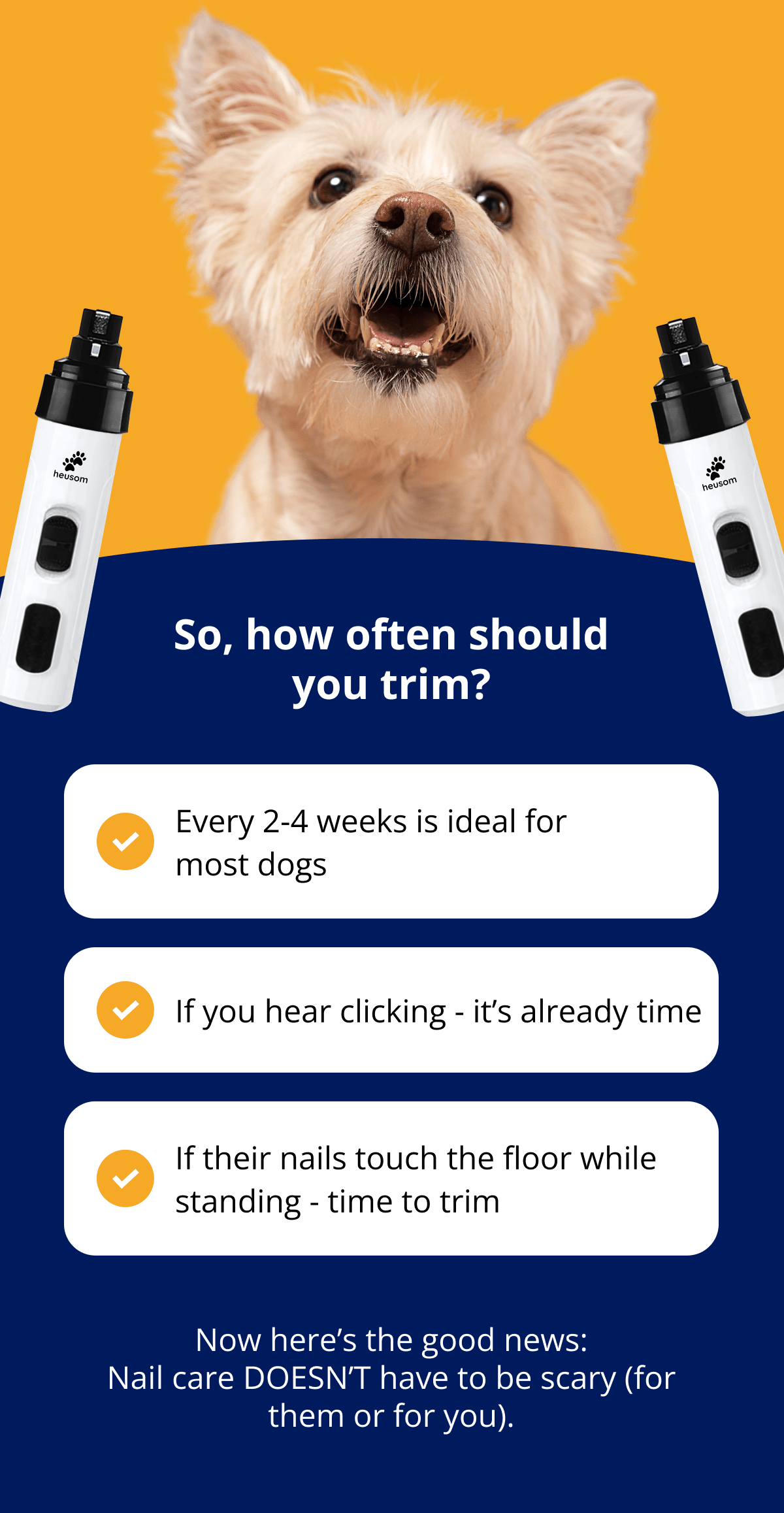 Why It Worked (and Still Does): Whisper-quiet motor - no loud buzzing, no fear response Gentle grinding, no blades - reduces the chance of cutting the quick Cordless & easy to hold – for real-life wiggles Used and loved by 50,000+ pet parents Now grooming takes minutes. No stress. No flinching. Just a calm dog, a clean trim, and a little tail wag at the end. P.S. It's not just grooming. It's bonding without the anxiety.