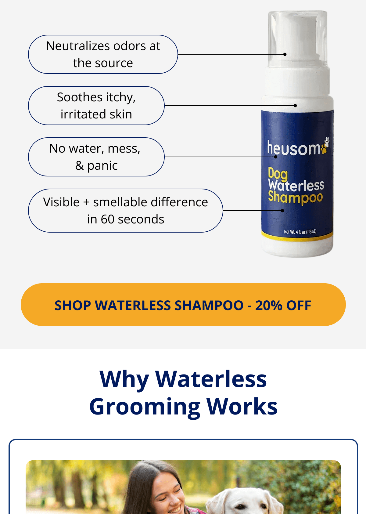 Neutralizes odors at the source Soothes itchy, irritated skin No water, mess,  & panic Visible + smellable difference in 60 seconds