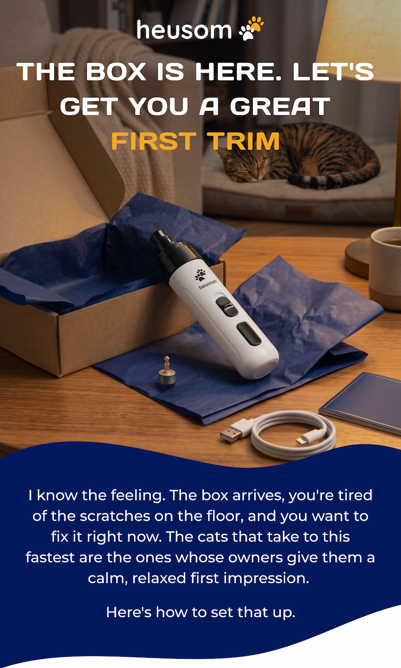 The Box Is Here. Let's Get You A Great First Trim  I know the feeling. The box arrives, you're tired of the scratches on the floor, and you want to fix it right now. The cats that take to this fastest are the ones whose owners give them a calm, relaxed first impression.  Here's how to set that up.