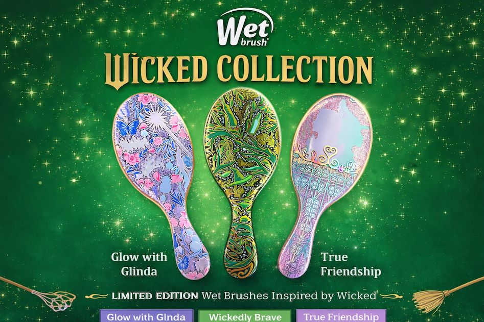 Green background with 3 exclusive Wicked-designed Wet Brushes displayed. "Wicked Collection" is listed, along with "Limited Edition Wet Brushes Inspired by Wicked"