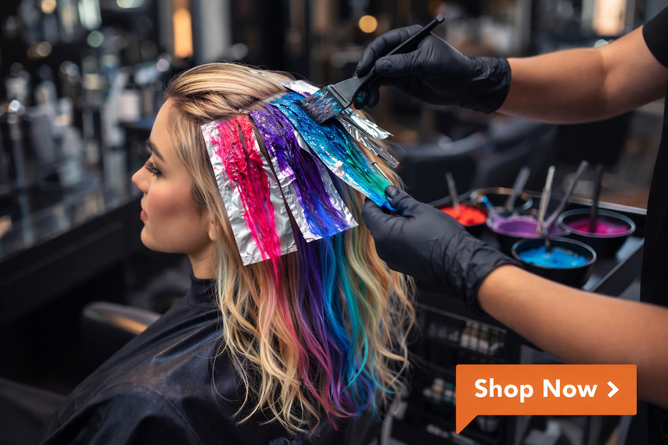 Blonde woman having her hair dyed in a rainbow of colors - pink, purple, and blue visit. Hair stylist is wearing black gloves and applying hair dye to foils on woman's head.